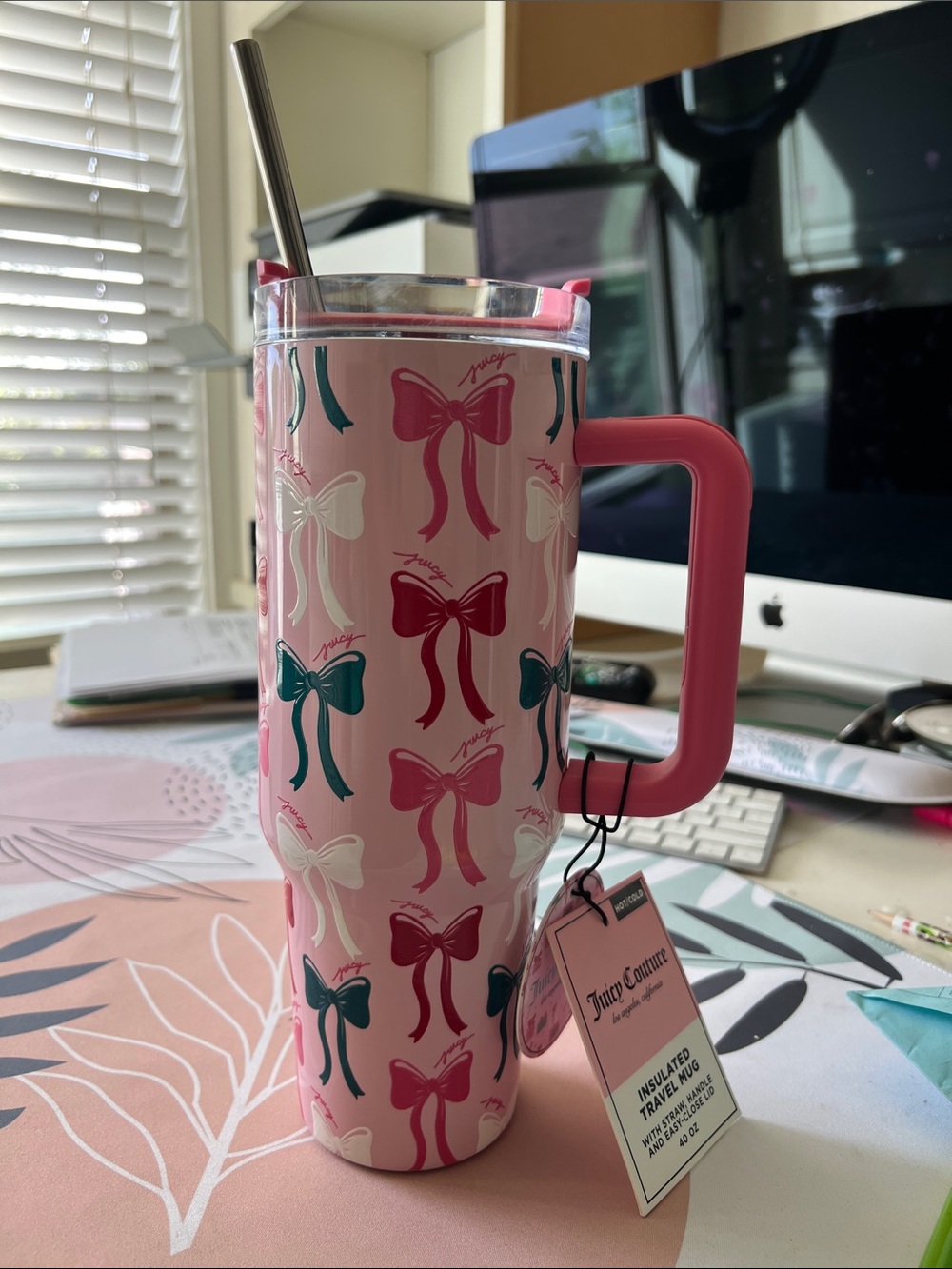 Juicy Couture Pink Bow Pattern Insulated Travel Tumbler with Handle